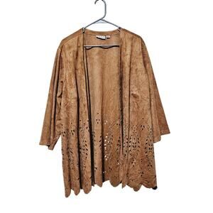 Joan Rivers Laser-cut Open Front Cardigan Women's Plus Size 3X Faux Suede Brown